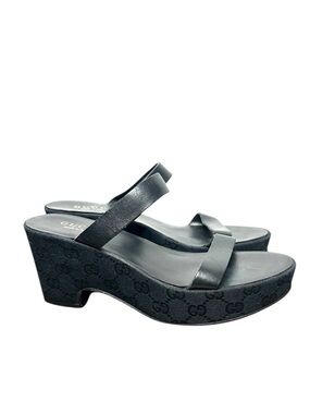 Gucci Y2K Tom Ford Era Black Platform Sandals GG Monogram Wedge Heels Size 8
